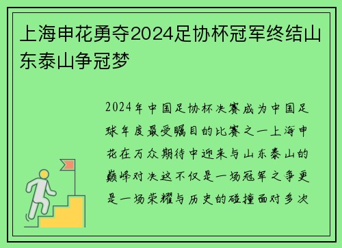 上海申花勇夺2024足协杯冠军终结山东泰山争冠梦 上海申花勇夺2024足协杯冠军终结山东泰山争冠梦
